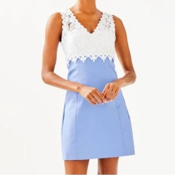 Lilly Pulitzer Sandi Stretch Shift Dress Lace Bodice Blue Peri Textured 00 NWT - Picture 3 of 10